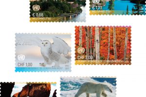 Ob mit Moraine Lake, Schneeeule, Rot-Ahorn, Hopewell Rocks oder Eisbär – auf diesen Briefmarken zum Tag der Umwelt zeigt sich Kanadas Natur von seiner schönsten Seite! (© UNPA)