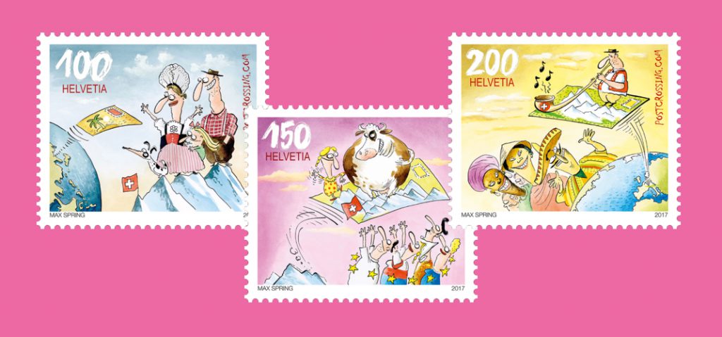 Die aktive Schweizer Postcrosserin Cornelia Graf initiierte die Ausgabe der drei illustrierten Postcrossing Briefmarken. (© Schweizer Post, © Max Spring)